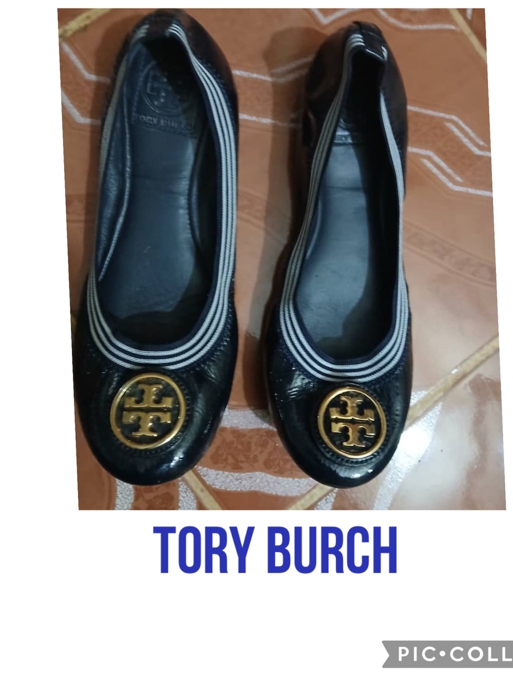 Tory Burch Black Leather Logo Round-Toe Ballet Flats with Gold Emblem